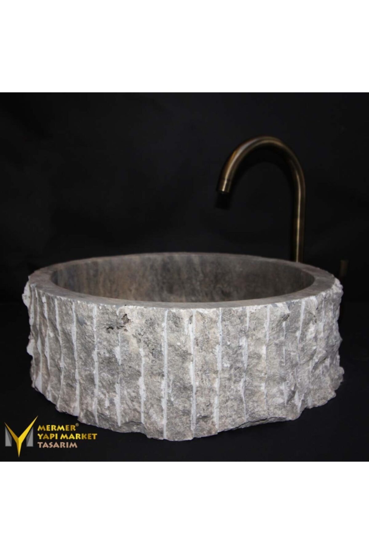MYM Mermer Yapı Market Tasarım Gümüş Traverten Silindir Dikey Patlatma Lavabo