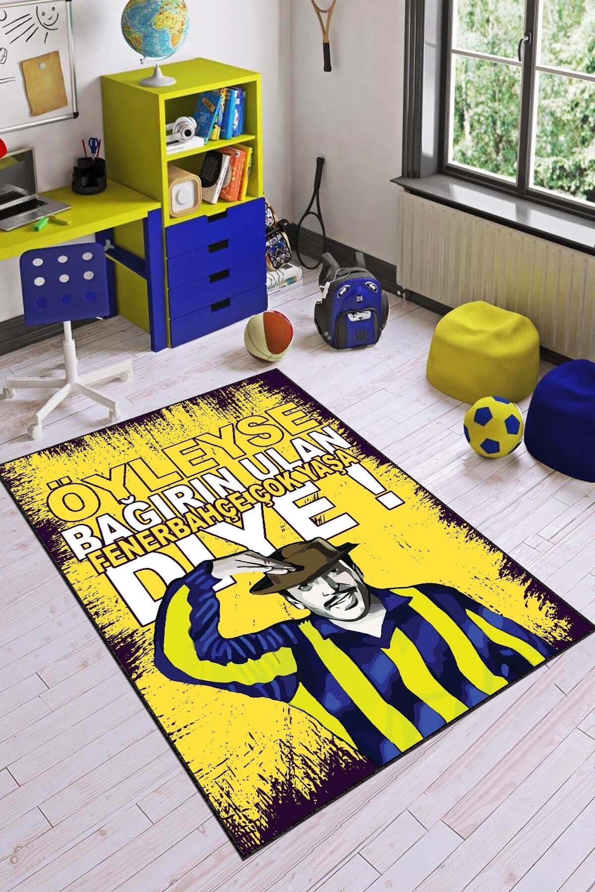 Viva Home Sarı Lacivert Makinede Yıkanabilen Kaymaz Taban Taraftar Halısı Ar188