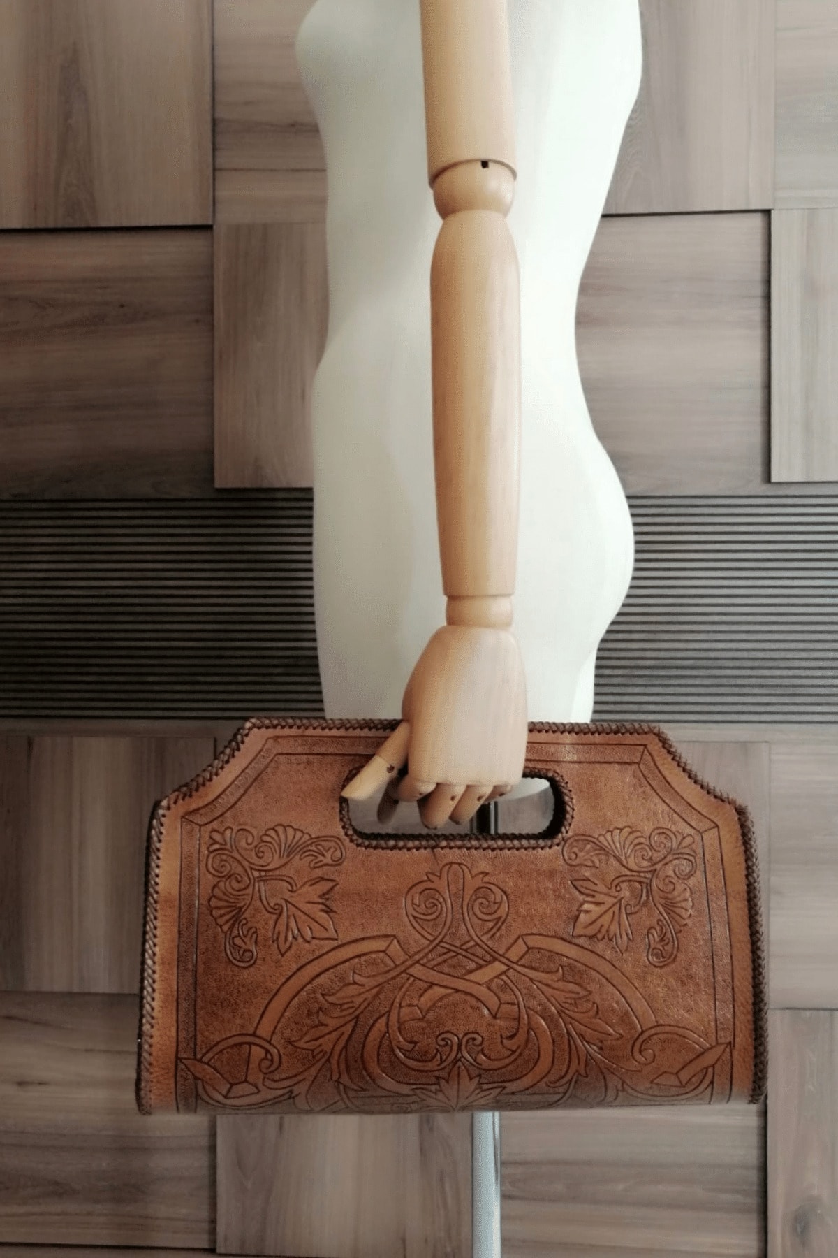 Handmade Bag Store Kahverengi El Dövmesi Gerçek Deri Clutch Çanta