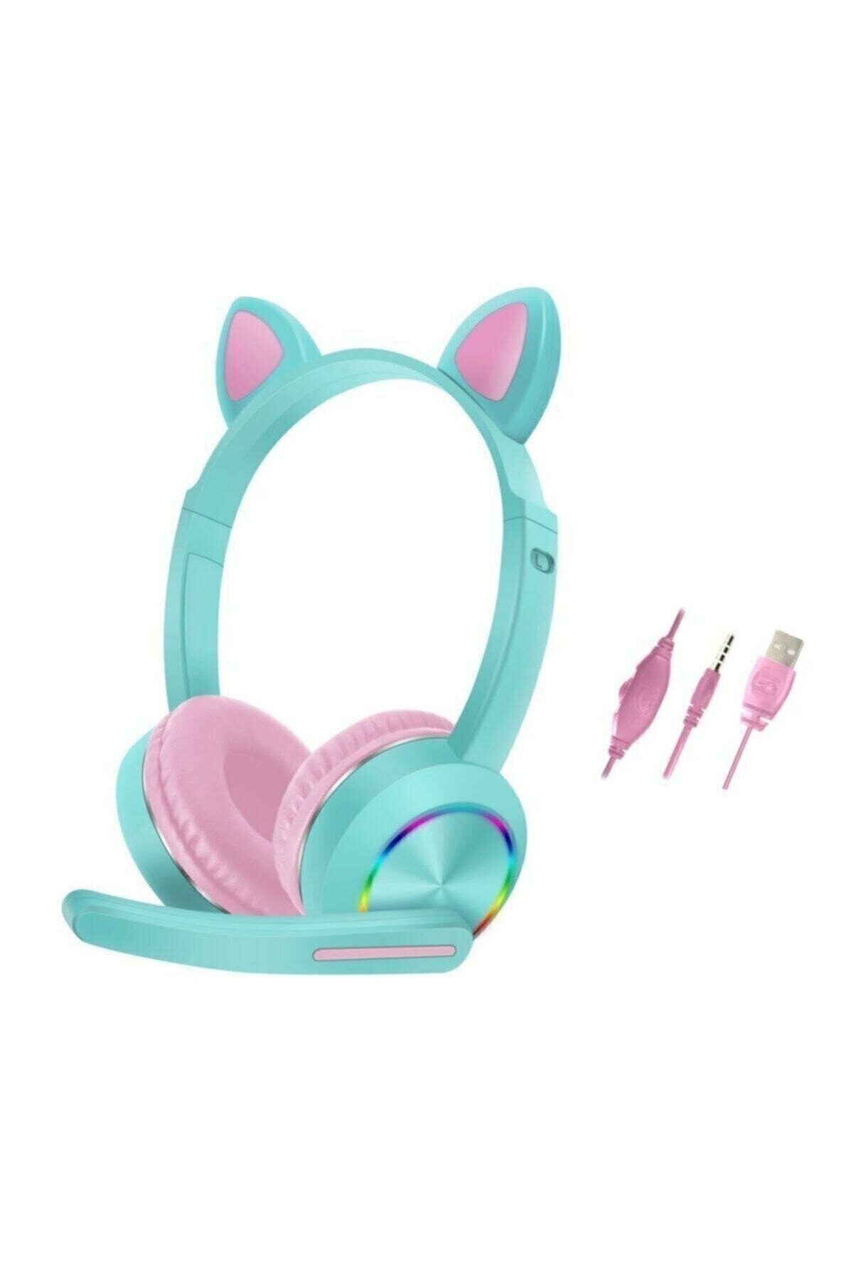 Sarftech Akz-020 Mavi Kedi Rgb Led Işıklı Kulaklık Kablolu Mikrofonlu Kulaklık Çocuk Kulaklığı
