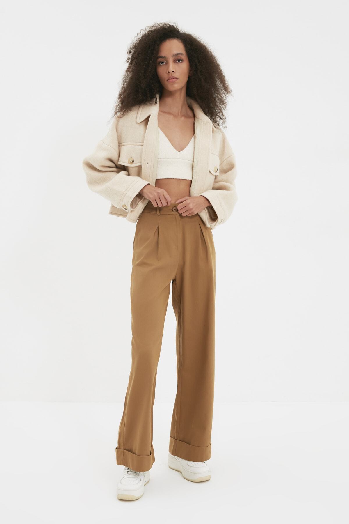 TRENDYOLMİLLA Kahverengi Geniş Paça Pantolon TWOAW22PL0442