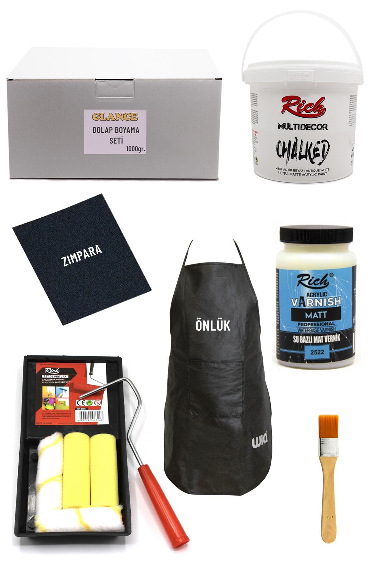 GLANCE Rich Multi Decor Chalked Antik Beyaz 1000 Gr Dolap Boyama Seti Mobilya Boyama Seti Mat Önlük