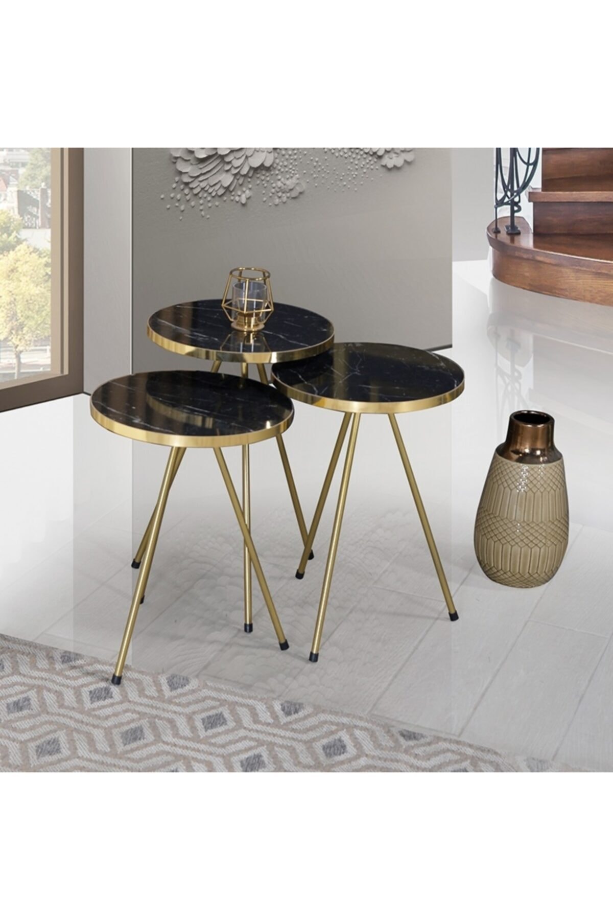 decorel 3'lü Zigon Sehpa Bendır Gold