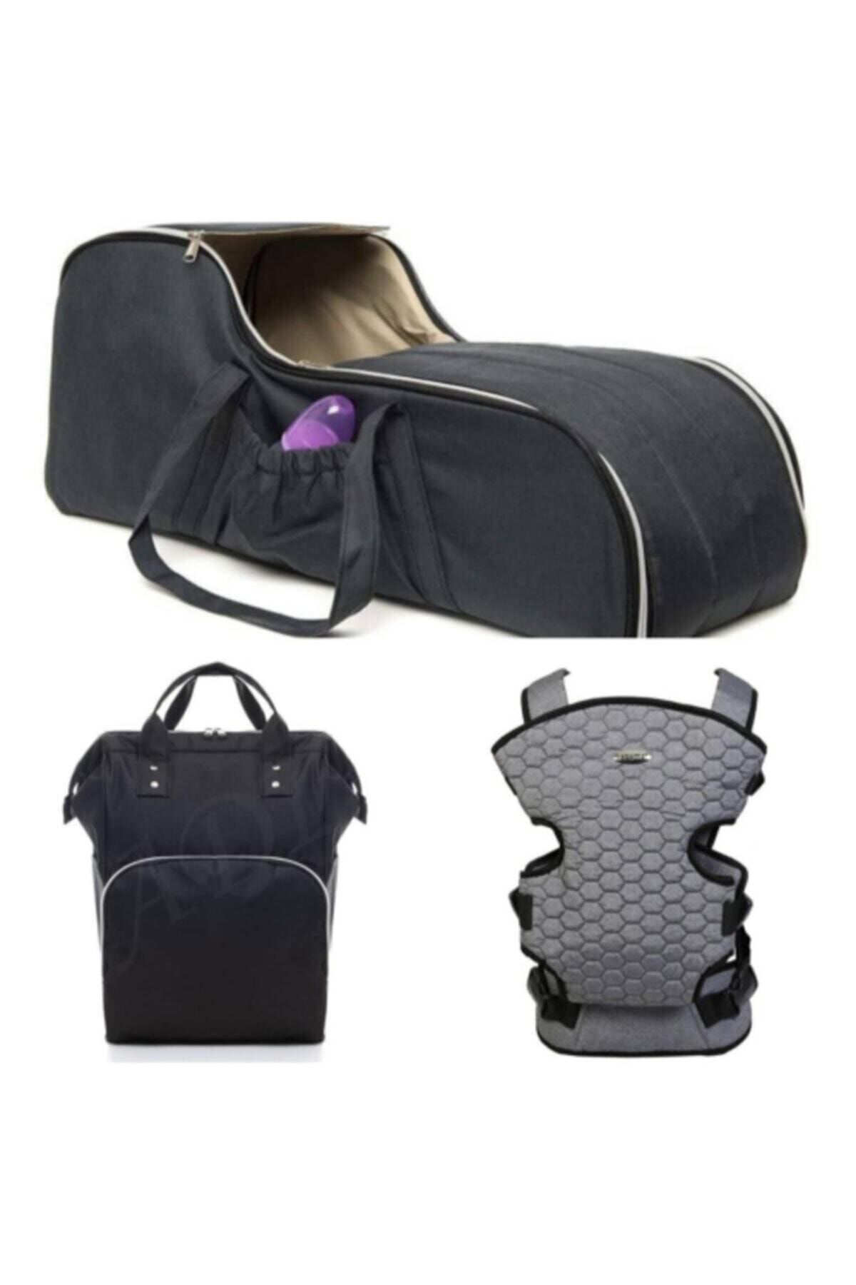 L&M LEGAS MODA Unisex Bebek Siyah Portbebe ve Kanguru 3'lü Set