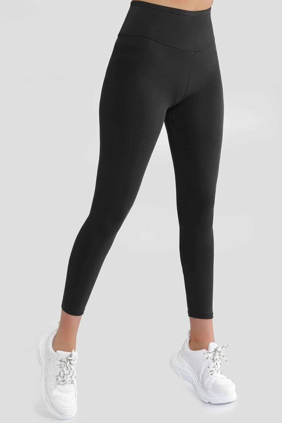 YOUR STYLE Kadın Siyah Esnek Kumaş Karın Bölgesini Toparlayan Şardonlu Yüksek Bel Mat Uzun Tayt Nkt-rber-013