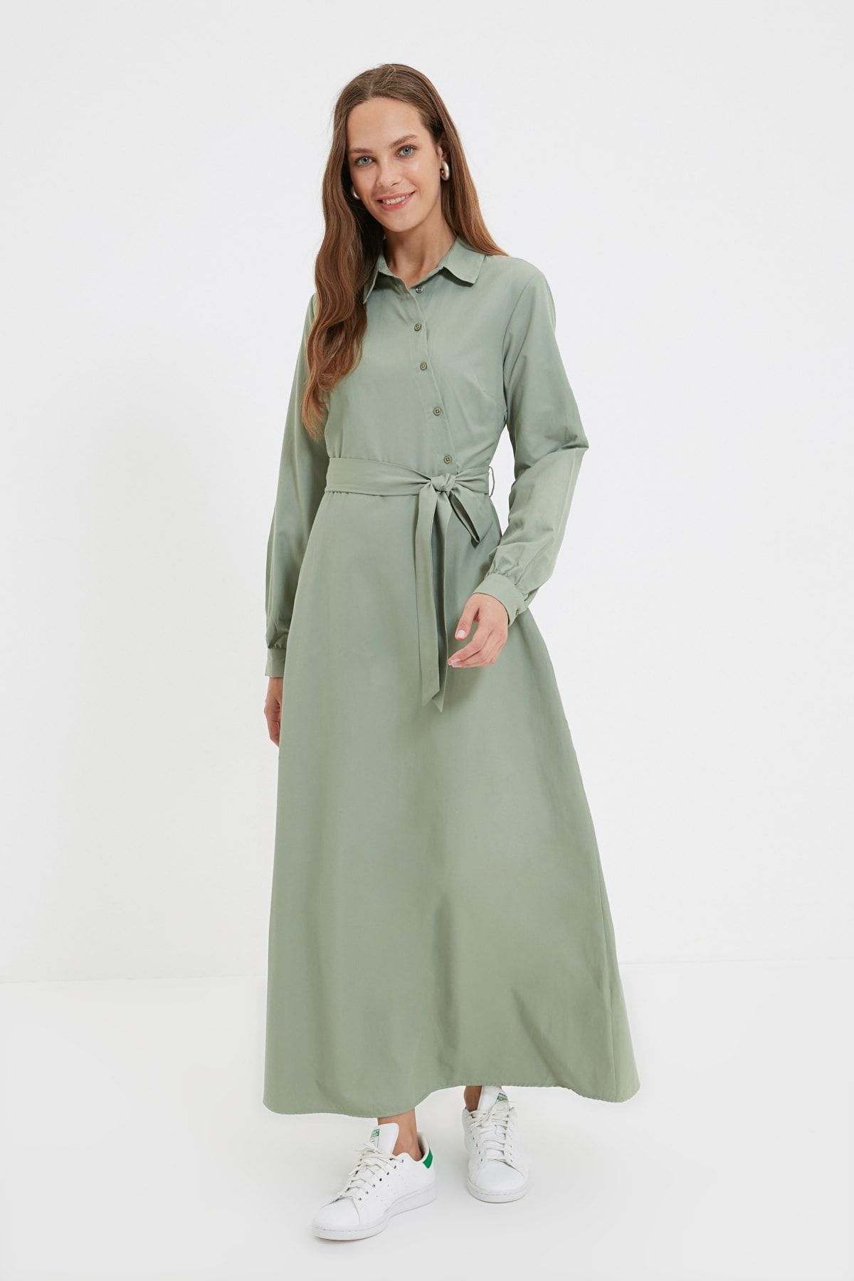 Trendyol Modest Mint Gömlek Yaka Kuşaklı Elbise TCTAW22EB0156