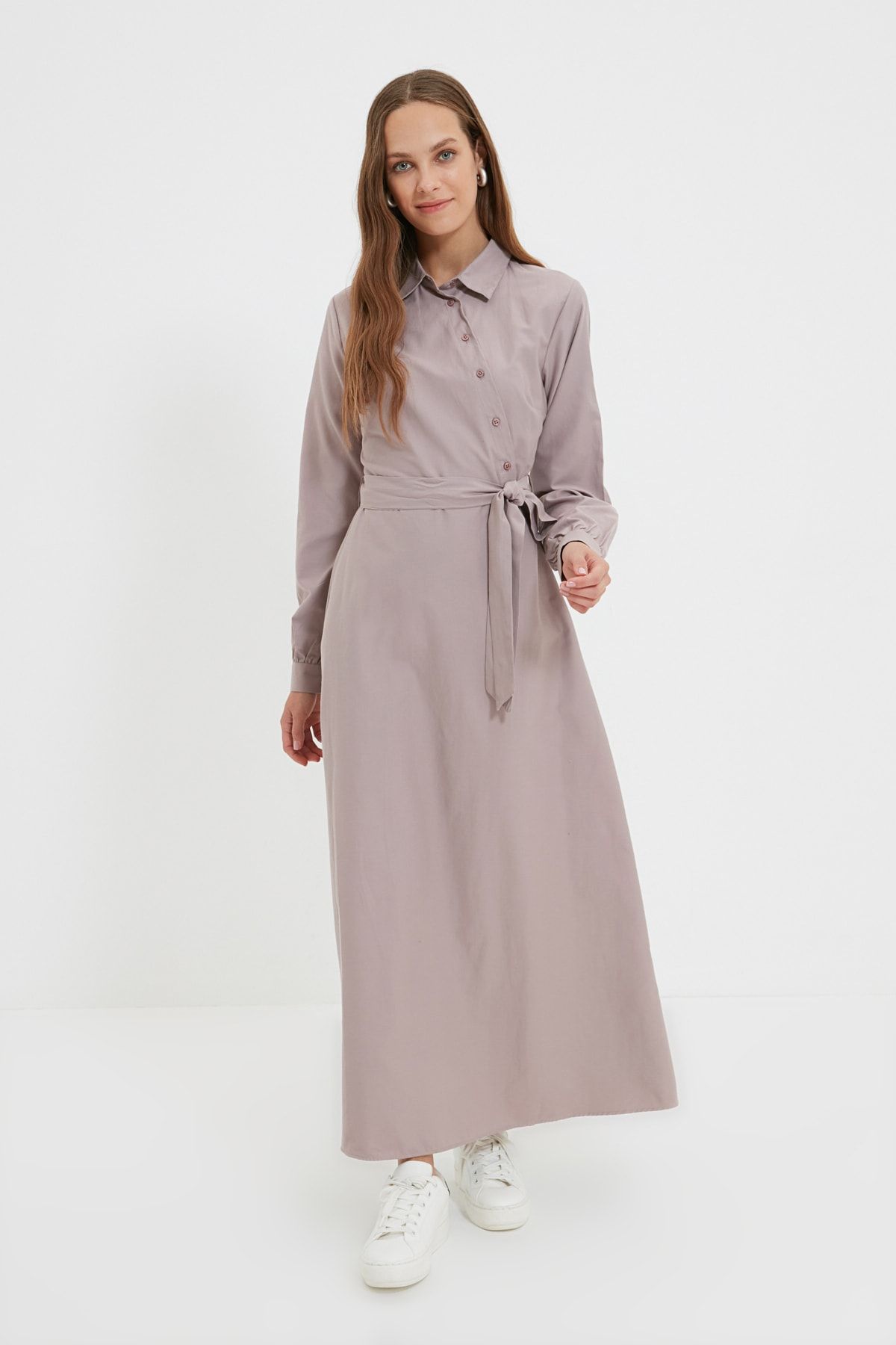 Trendyol Modest Vizon Gömlek Yaka Kuşaklı Elbise  TCTAW22EB0156