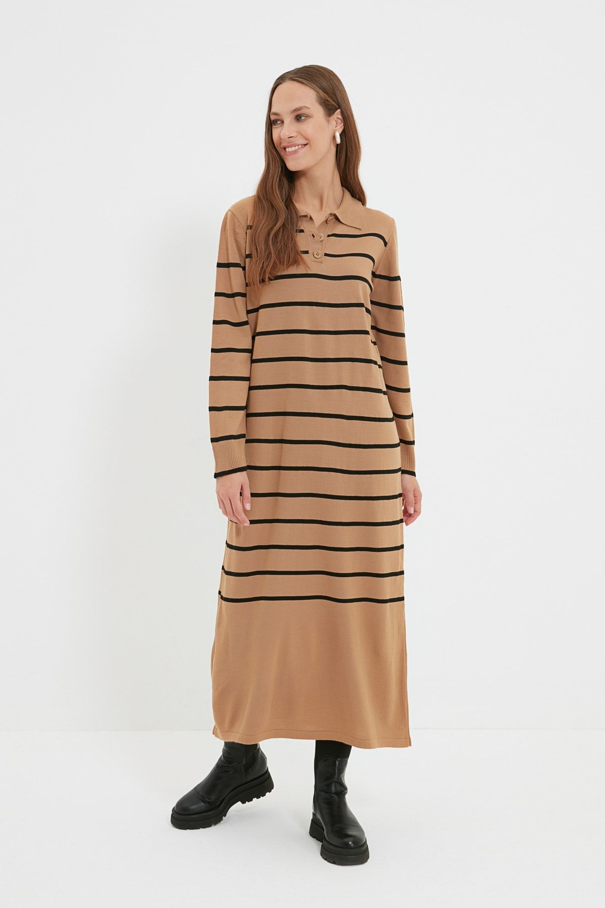 Trendyol Modest Camel Polo Yaka ÇizgiliTriko Elbise TCTAW22EB0212