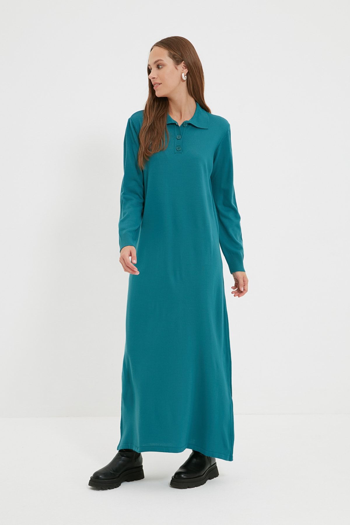 Trendyol Modest Petrol Polo Yaka Triko Elbise TCTAW22EB0212