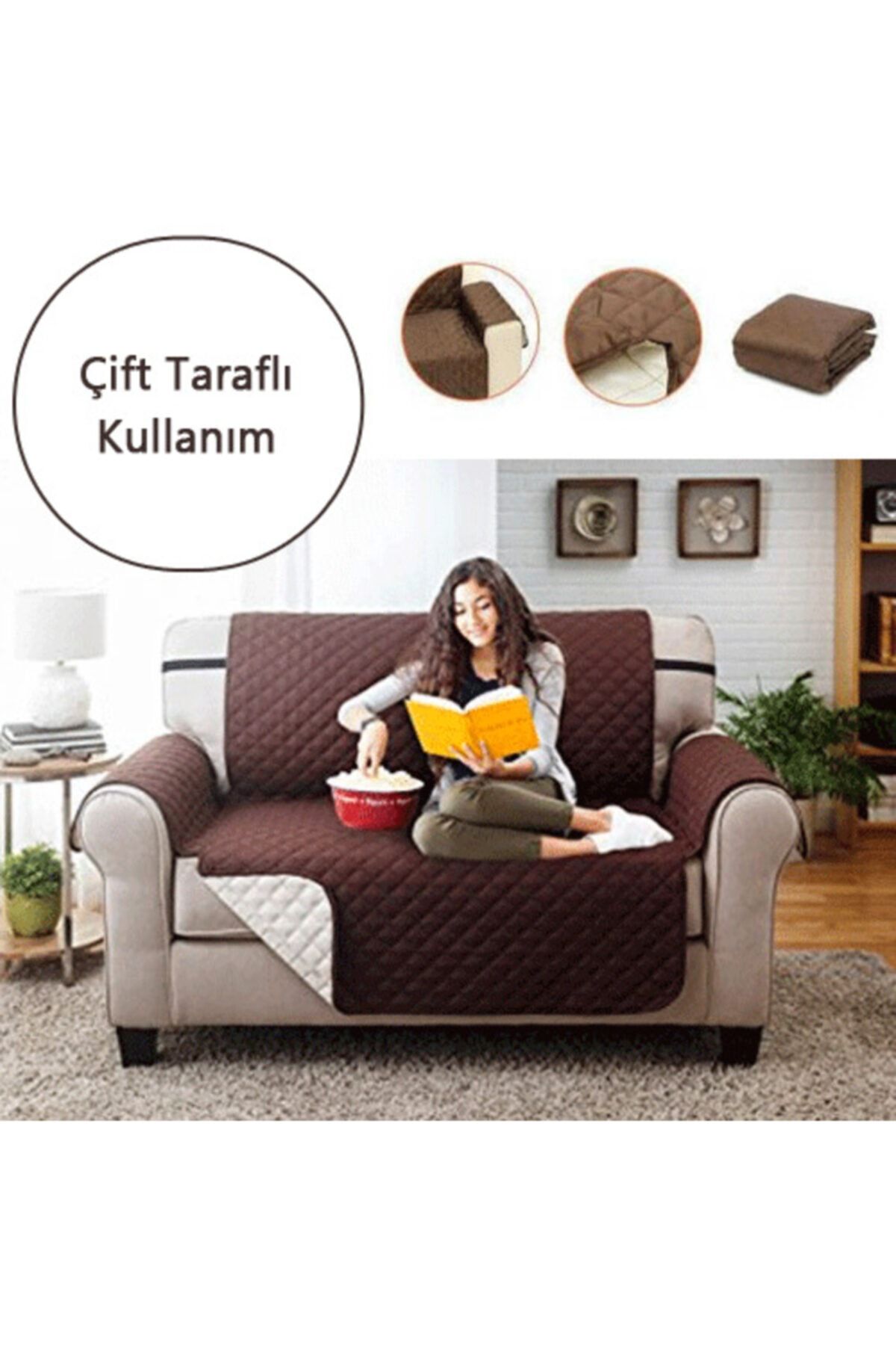 Acenter 3+1 Çift Taraflı Kapitoneli Koltuk Örtüsü Tek Ve 3 Kişilik Takım(kahverengi - Bej)