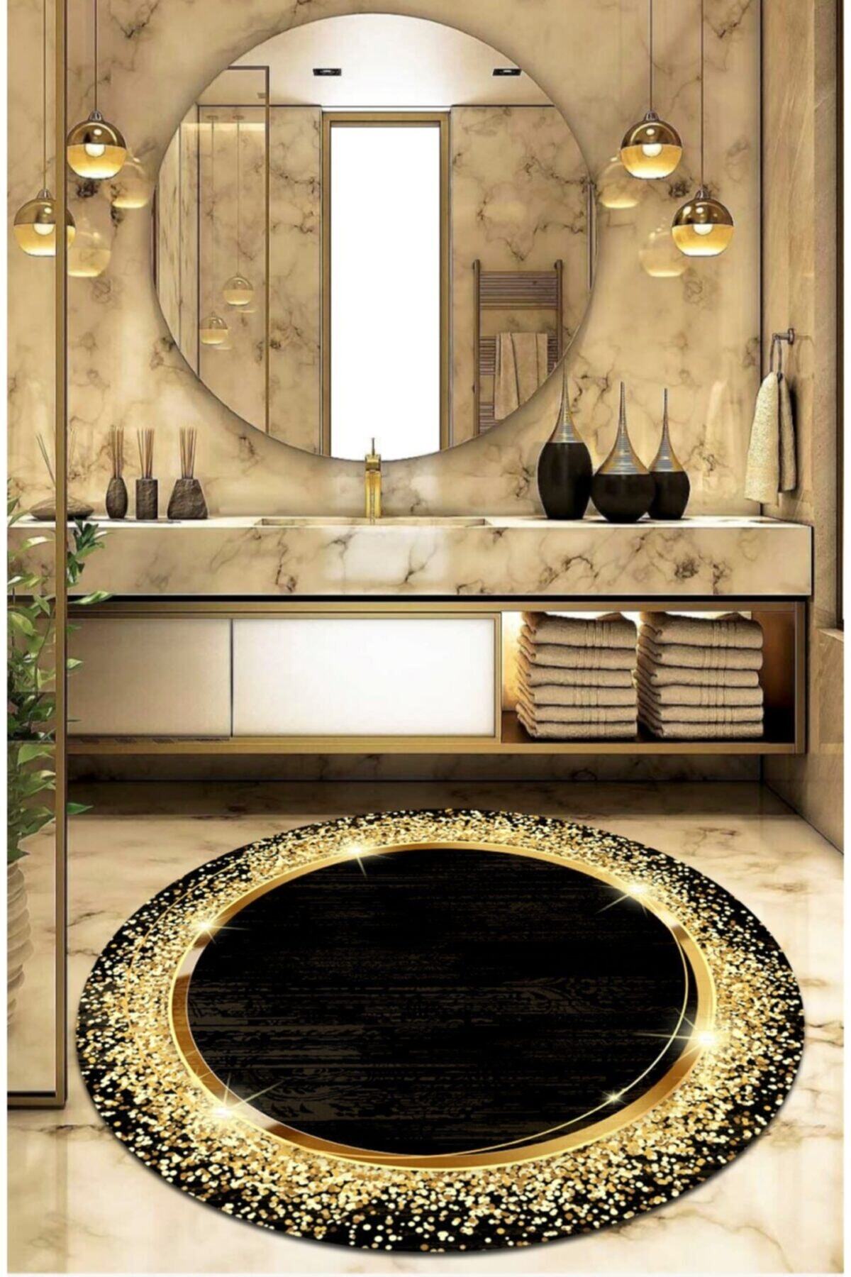 Ardizayn Deluxe Series - Black 100x100 Cm Kaymaz, Dökülmez Deri Taban Yuvarlak Banyo Halısı