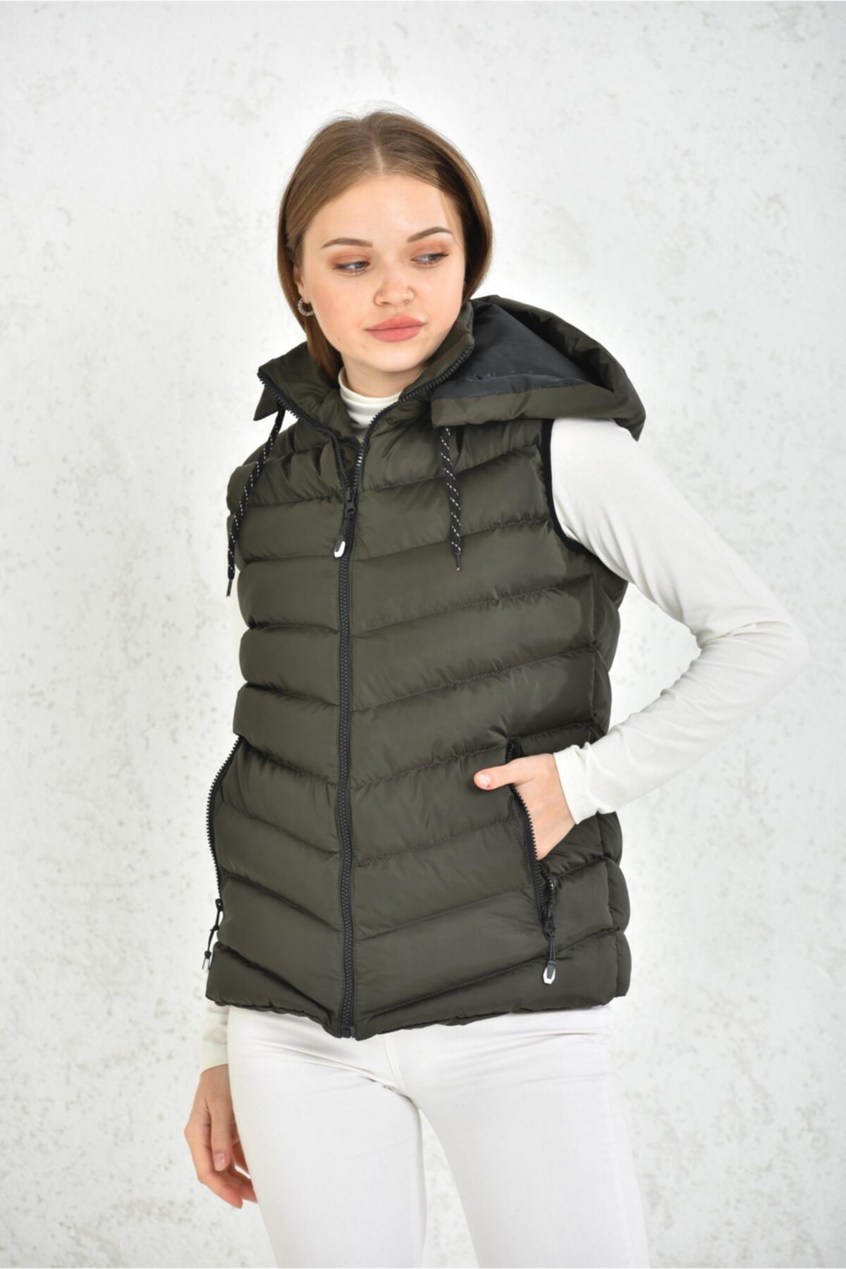 WAPP Unisex Haki Jel Dolgu Kapüşonlu Şişme Yelek