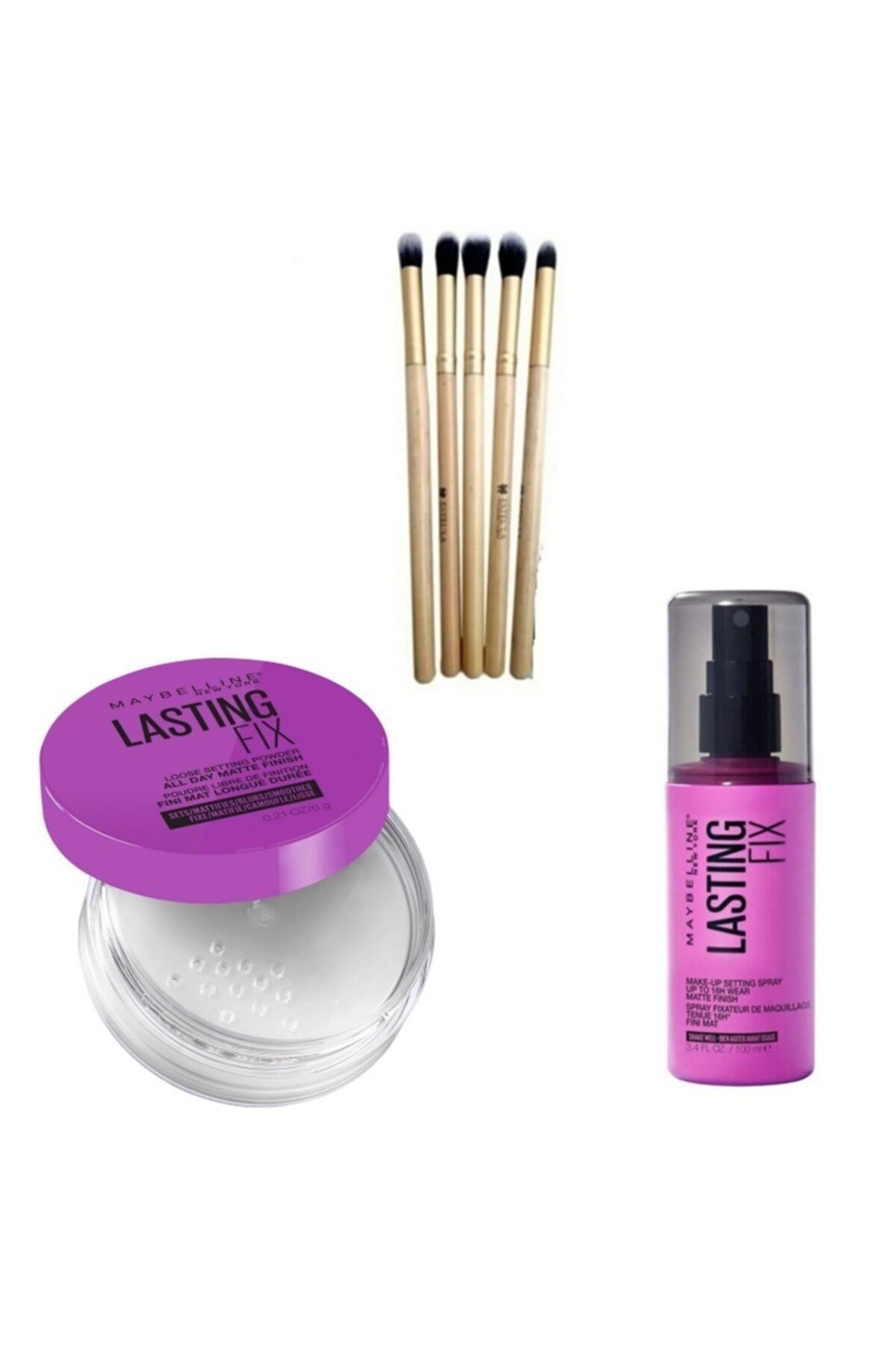 Maybelline New York Transparan Pudra & Lasting Fix Mat Finish Sabitleyici Sprey+ 5'li Fırça Seti
