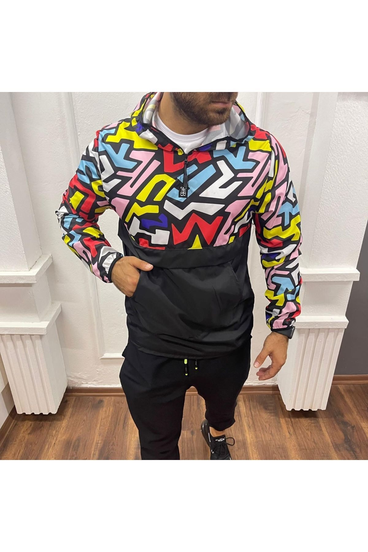 Black Sokak Erkek Siyah Gögüs Renkli Slim Fit Yağmurluk