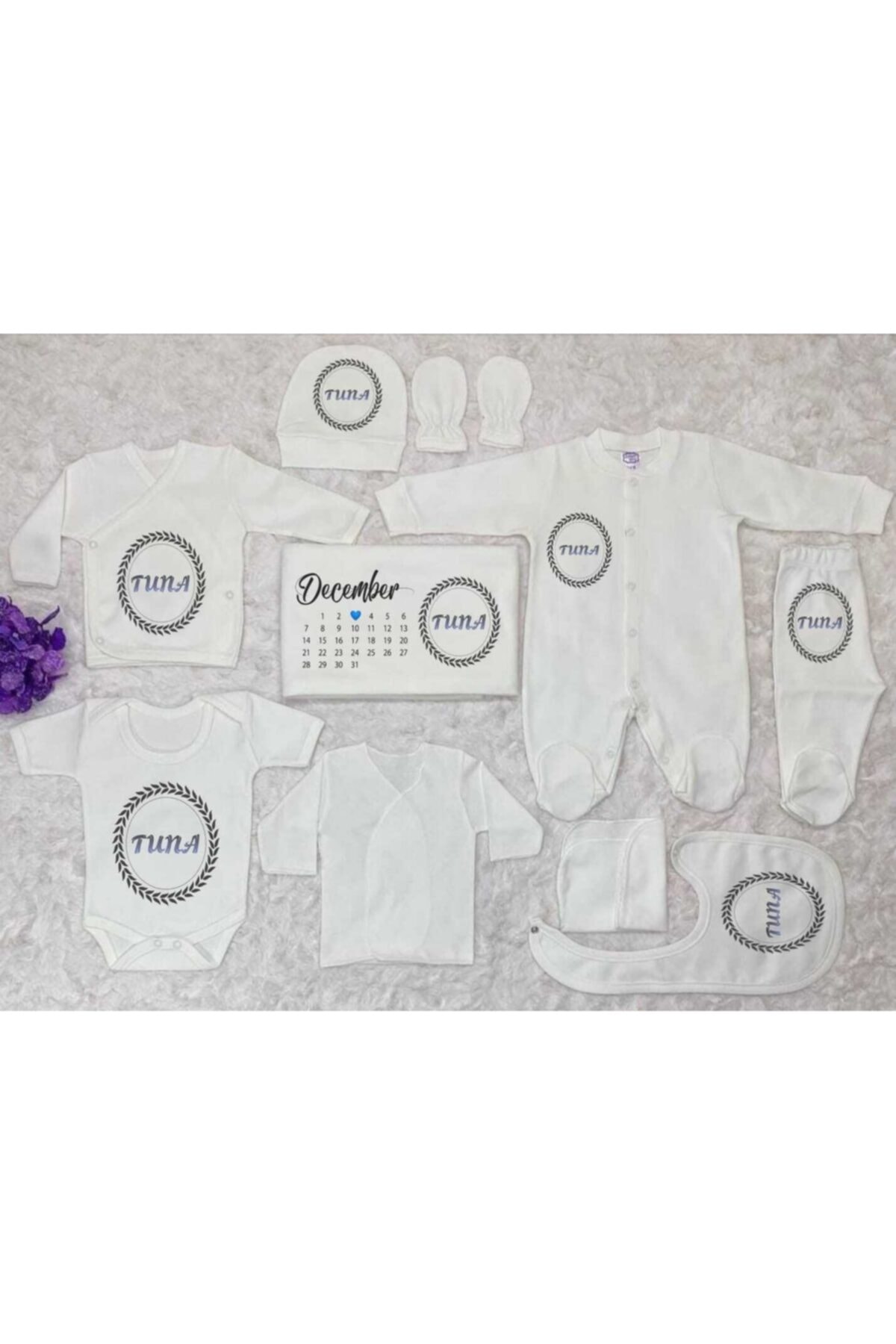 BY TUNA DESİGN Tuna Isimli Hastane Çıkışı 10 Parça Set Doğum Gününe Özel Baskı