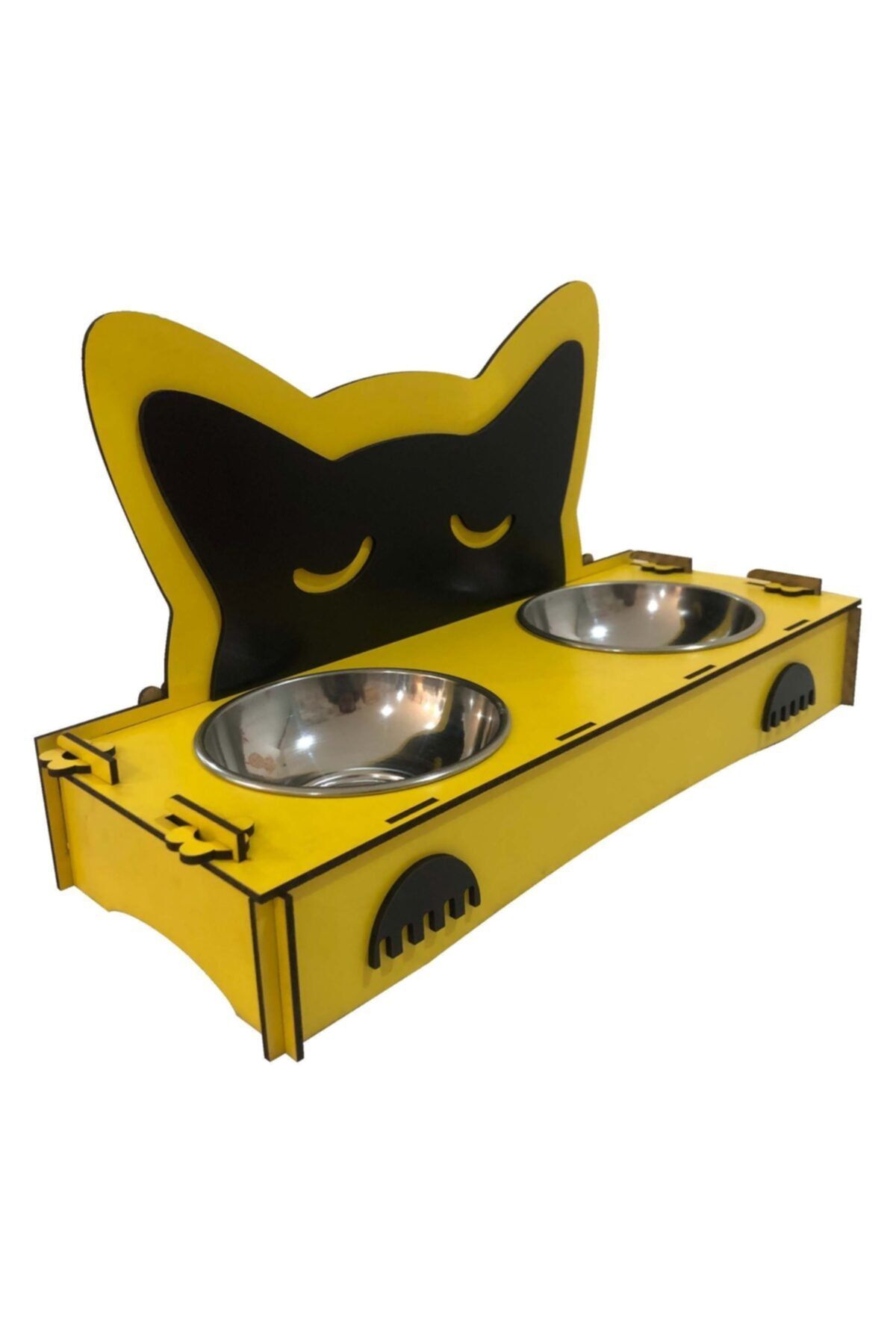 essalazer 2'li Ahşap Metal Kedi Köpek Yemek Mamalık, Su Ve Mama Kabı Sarı