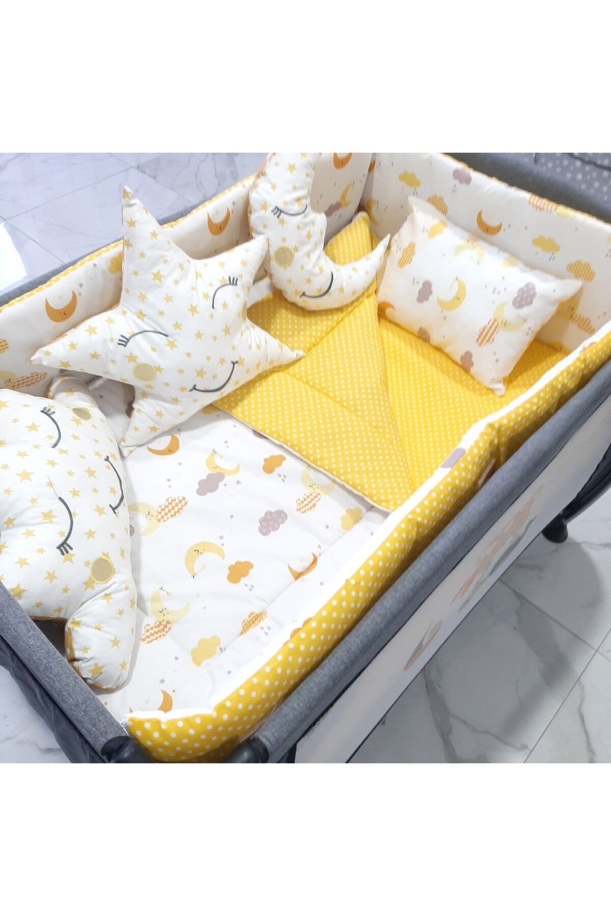 uykucubebe 70x120 Park Yataklara Uygun Sarı Bulutlu Bebek Uyku Seti 10 Parça 9123