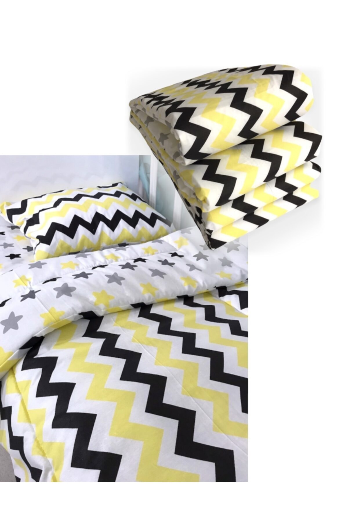 Bebek Özel Pamuklu 80x130 Beşik Kenar Koruma Uyku Seti Sarı Siyah Zikzaklı (7 PARÇA)