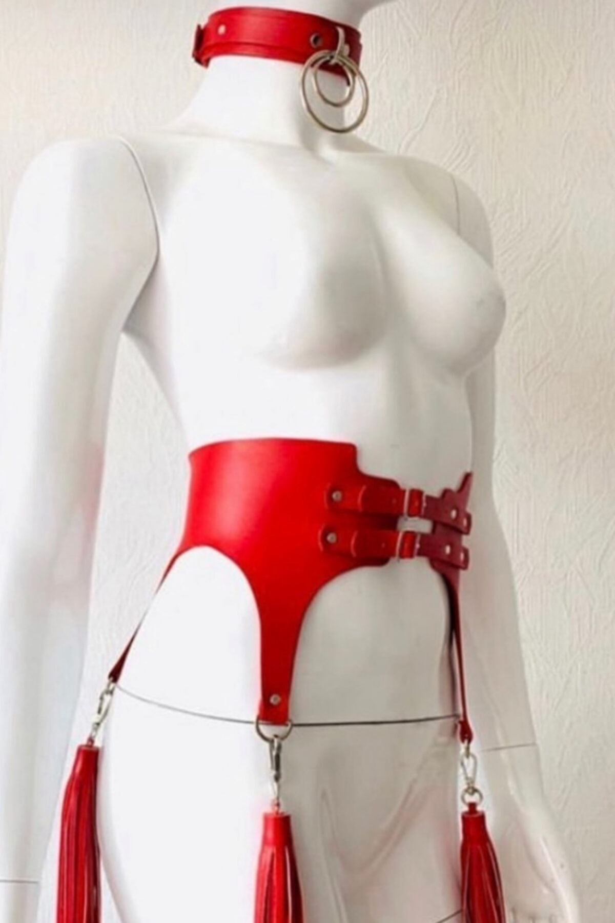 Sweet Demon Body Ve Elbise Ayarlanabilir Püsküllü Deri Korse Kemer Ve Choker Takım Kırmızı