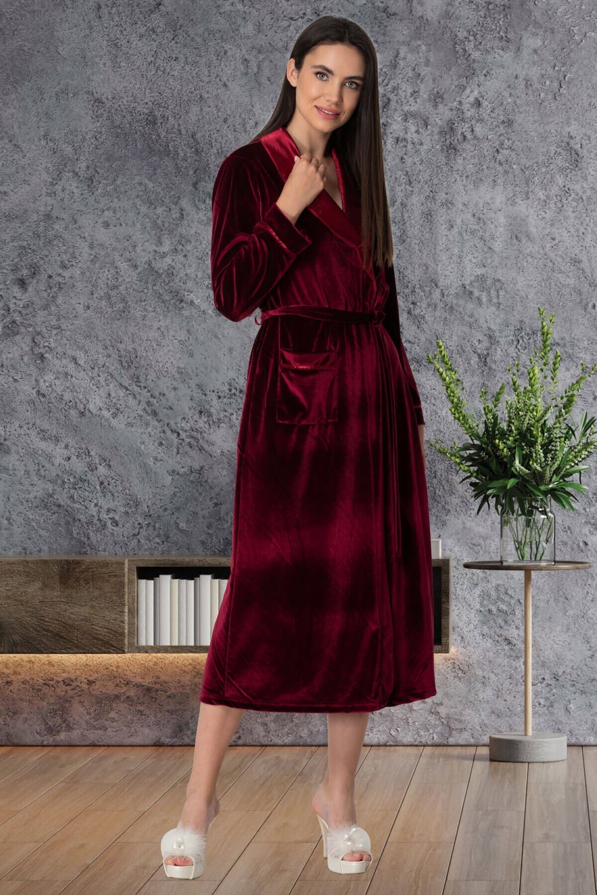 ByLohusa Kadın Bordo Kadife Sabahlık 5543