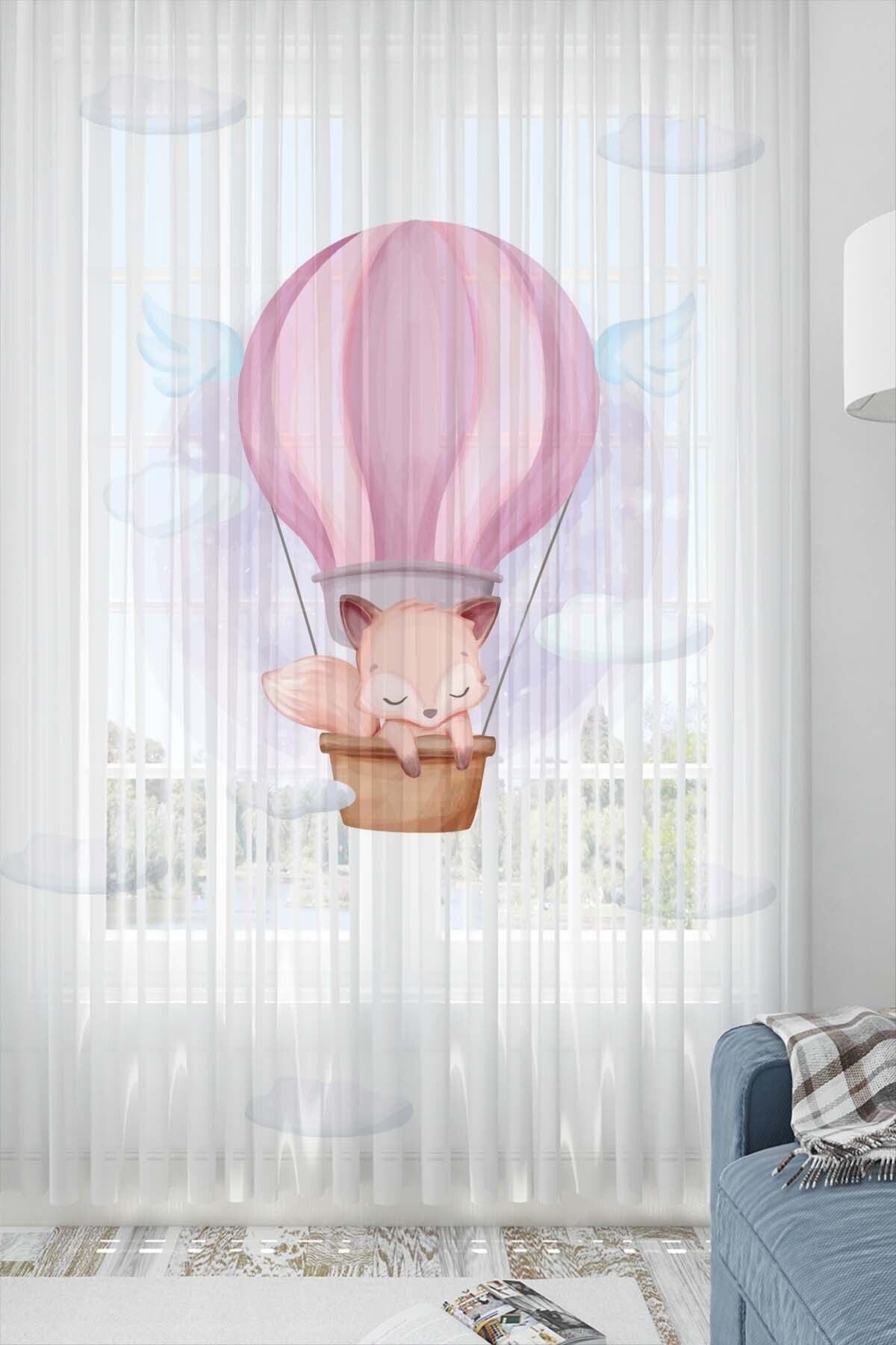 Osso Halı Pembe Balonlu Tilkili Desenli Dekoratif Çocuk Bebek Tül Fon Perde