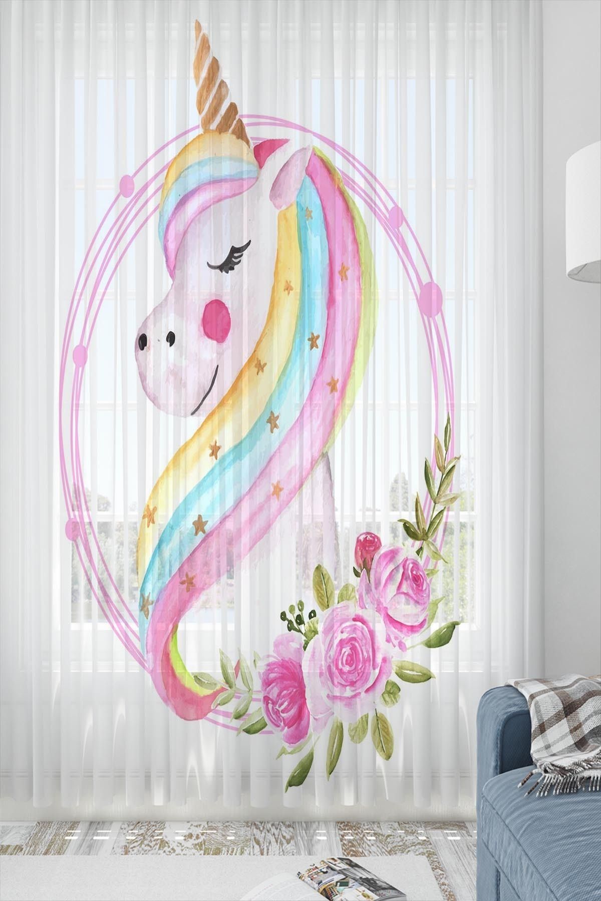 Osso Halı Osso Renkli Unicorn At Desenli Dekoratif Çocuk Bebek Tül Fon Perde