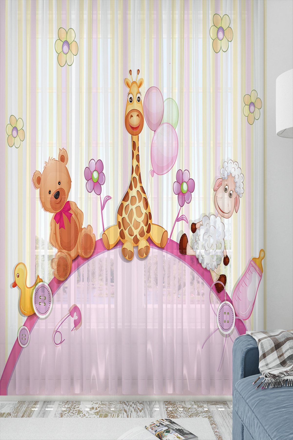 Else Halı Else Pembe Orman Hayvanlı Desenli Dekoratif Çocuk Bebek Tül Fon Perde
