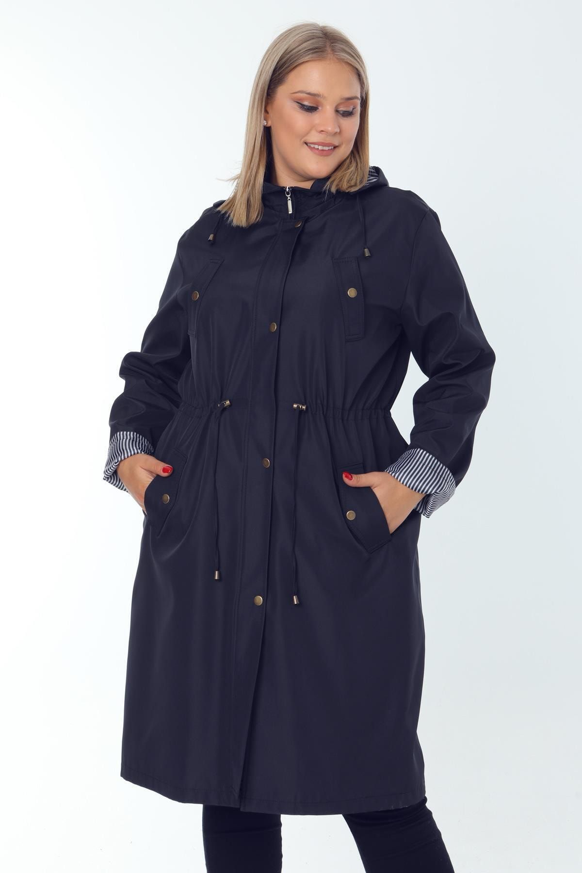 Ladies First Ladıes Fırst Büyük Beden 3680 Lacivert Trençkot Fermuarlı Kapüşonlu
