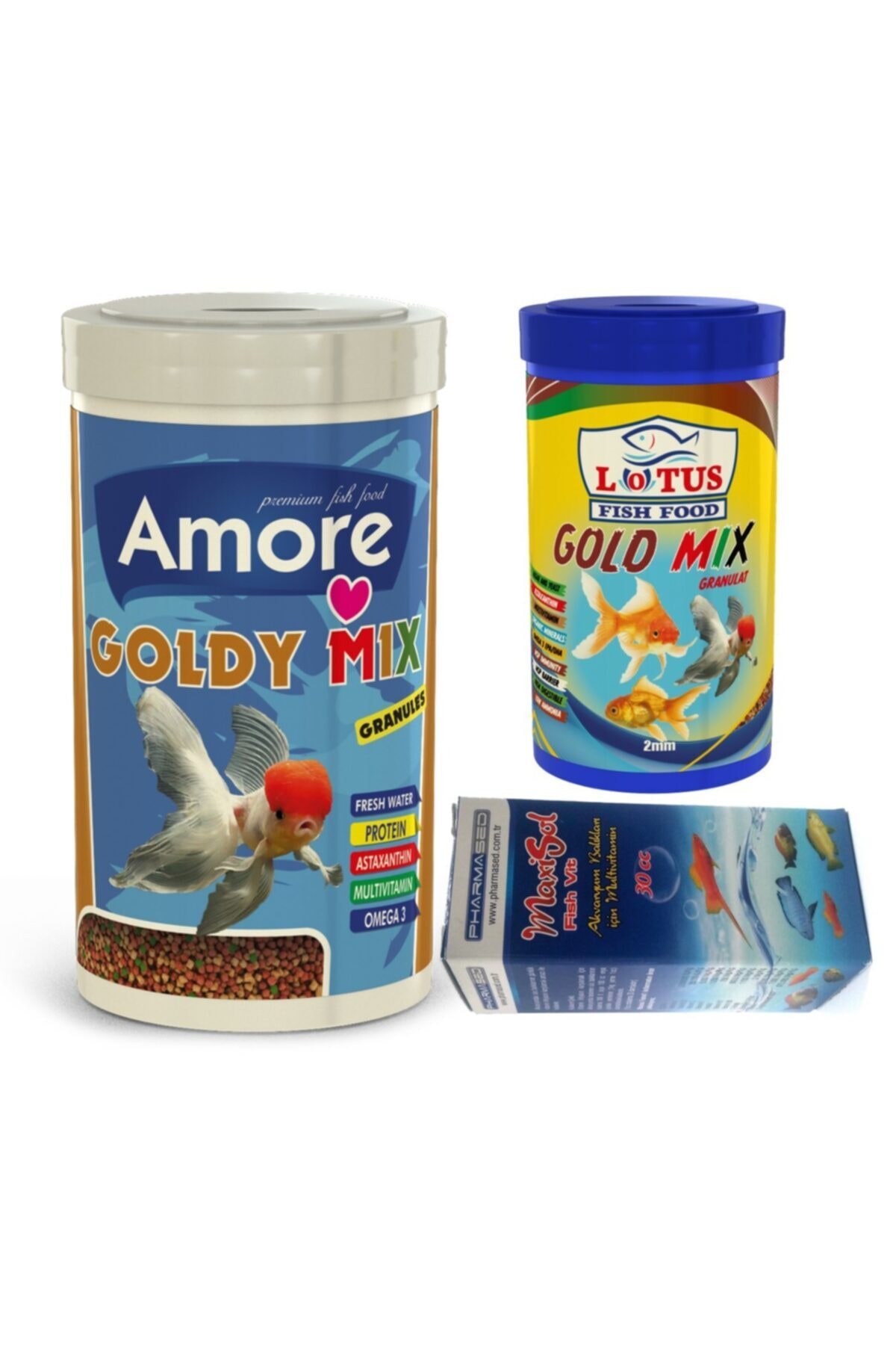 AMORE Goldy Mix Granules 1000ml + Lotus Gold Mix 250ml Japon Balık Yemi + Fishvit Vitamin