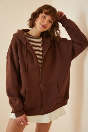 Happiness İst. Kadın Kahverengi Kap&uuml;şonlu Fermuarlı Şardonlu Oversize Sweatshirt 40118 US00714