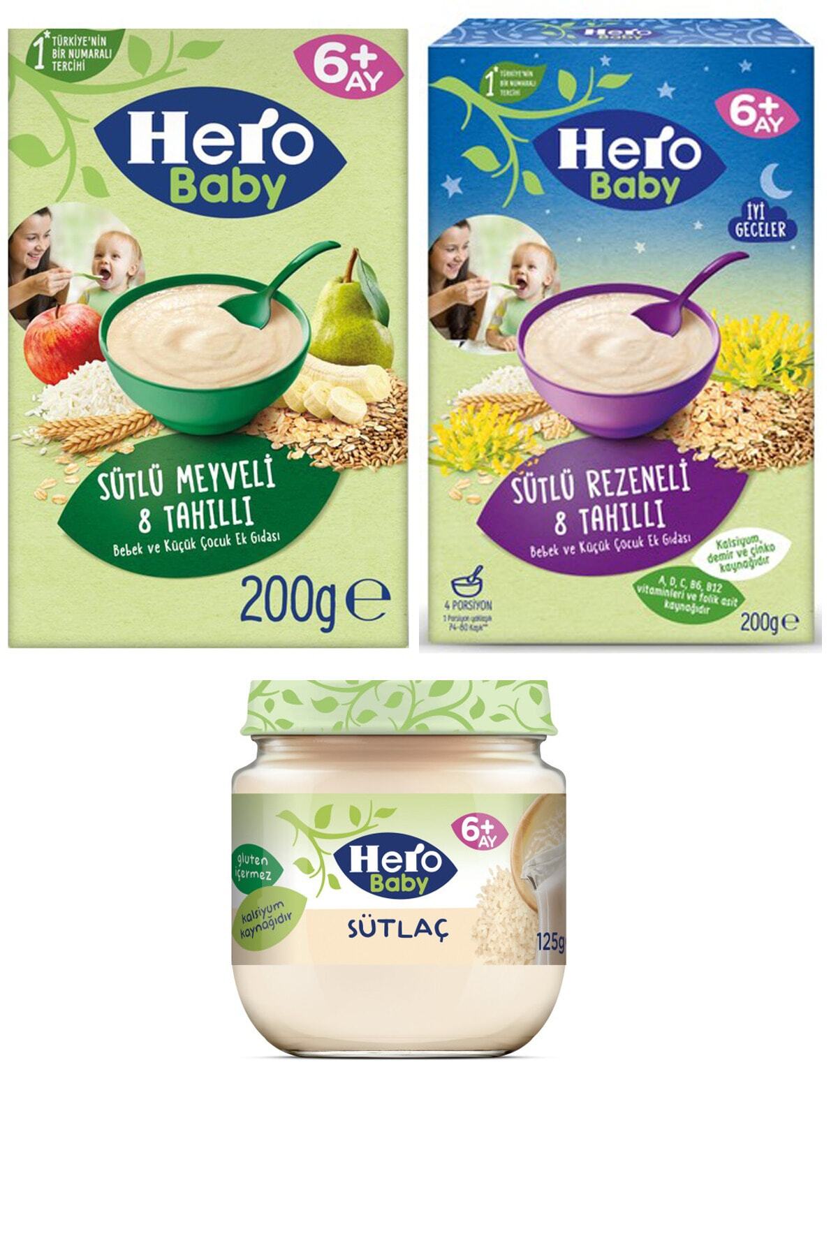 Hero Baby Sütlü Meyveli Tahıllı 200gr, Sütlü Rezeneli Tahıllı Mama 200 gr Ve Sütlaç 125gr
