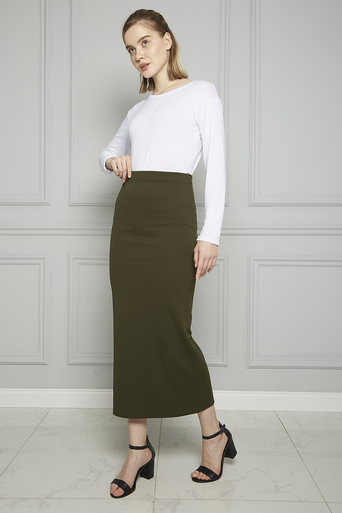 Yağızlar Kadın Haki Beli Lastikli Kalem Etek