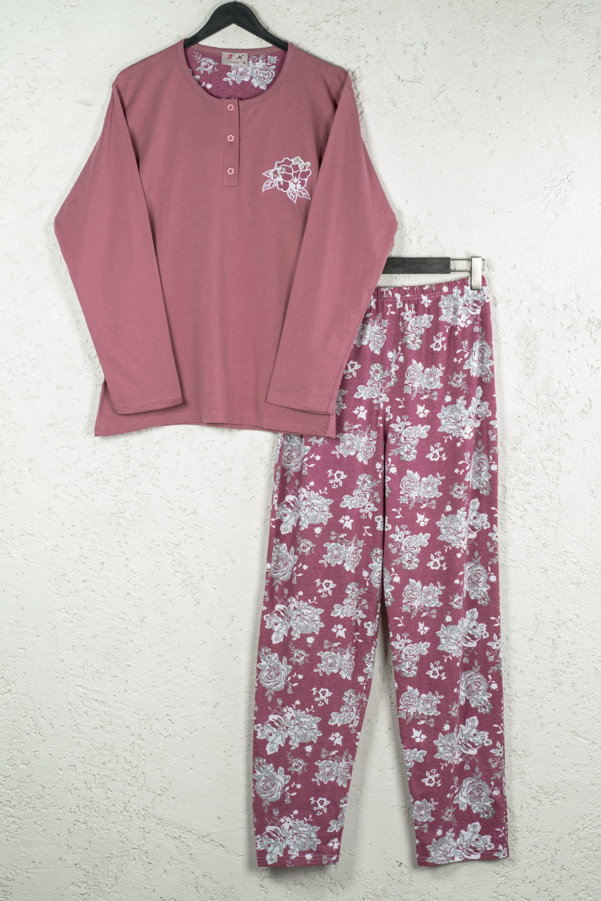 BSM Kadın Gül Kurusu Pamuklu Dört Mevsim Uzun Kollu Pijama Takımı