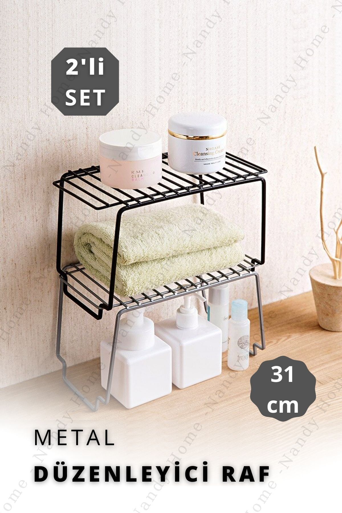 Nandy Home Çok Amaçlı, Dekoratif, Düzenleyici Tezgah Üstü & Dolap Içi Metal Raf 2'li Set Gümüş-siyah