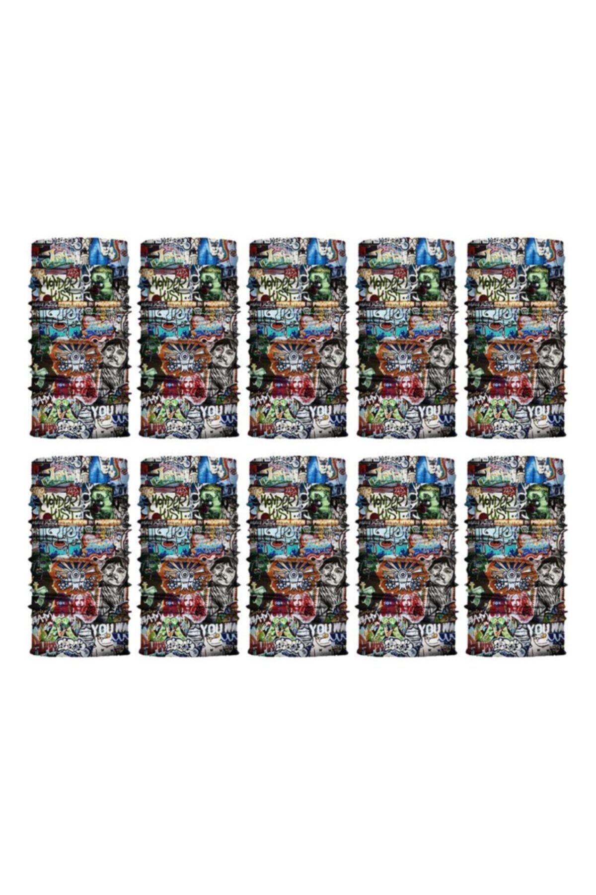 Knmaster Blue Graffiti Buff Bandana Boyunluk Maske Saç Bandı 10'lu Paket