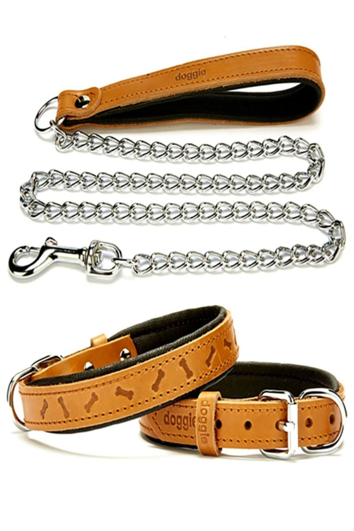 Doggie Orta Irk Kemik Desenli Köpek Boyun Ve Zincirli Gezdirme Tasma Seti Camel 37-45 Cm / 110 Cm