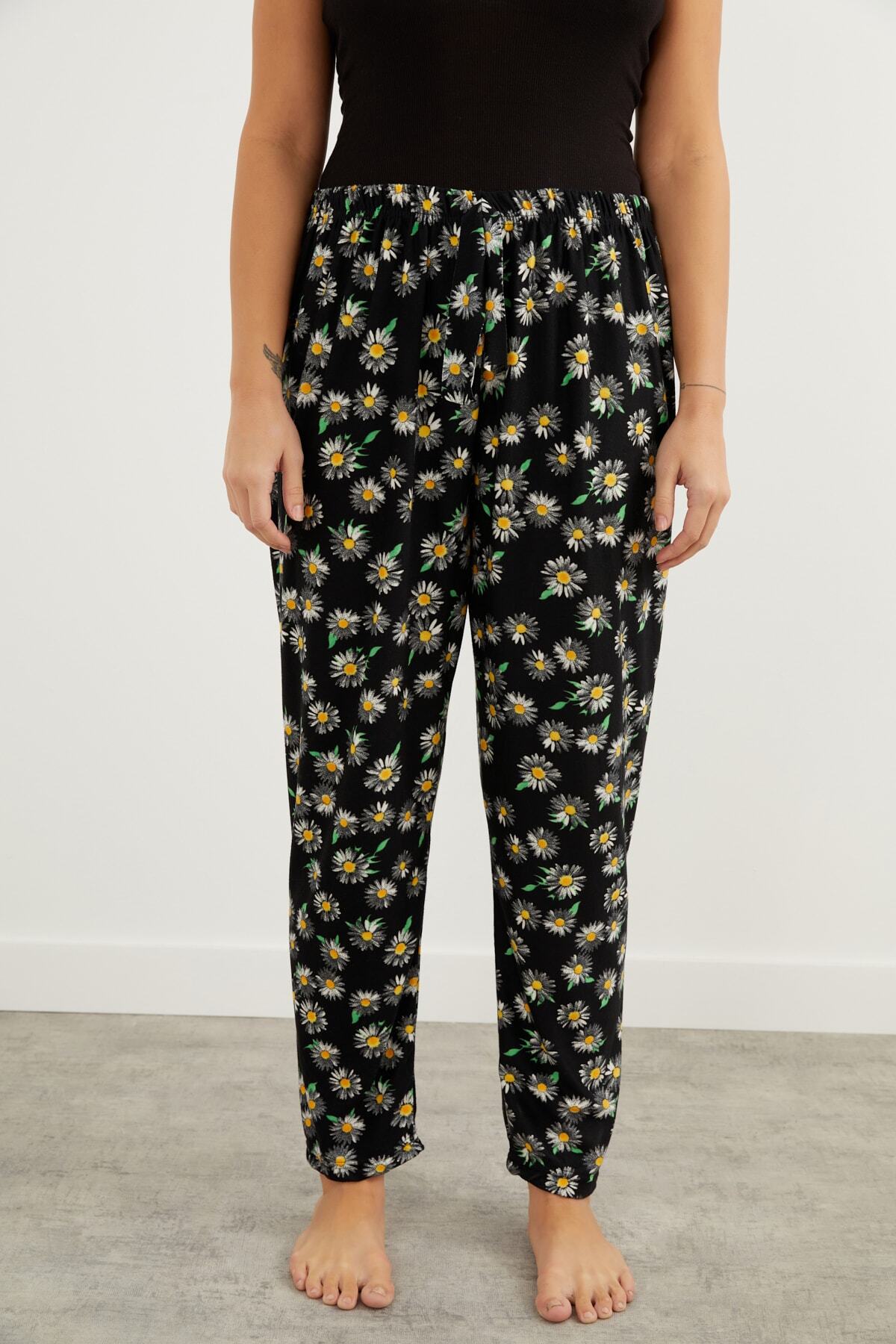 For Big Trend Kadın  Desenli Bol Paça Yumuşak Doku Süet Pijama Altı