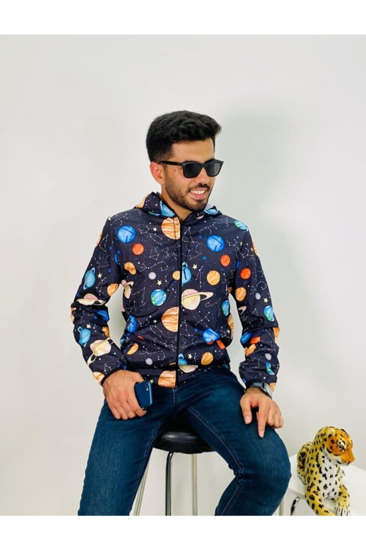 Dewsa Fermuarlı Uzay Desenli Kapüşonlu Siyah Yağmurluk Rüzgarlık Sweatshirt