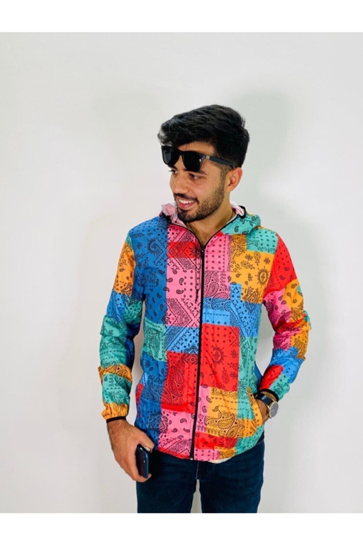 Dewsa Unisex Fermuarlı Şal Desenli Kapüşonlu Çok Renkli Pembe Yağmurluk Rüzgarlık Sweatshirt