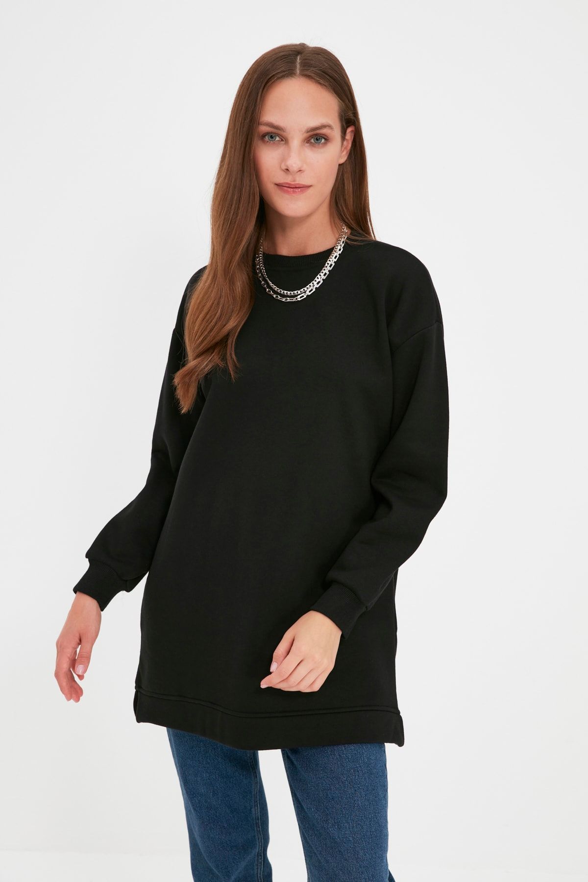 Trendyol Modest Siyah Bisiklet Yaka Basic İçi Peluşlu Örme Sweatshirt TCTAW22TW0142