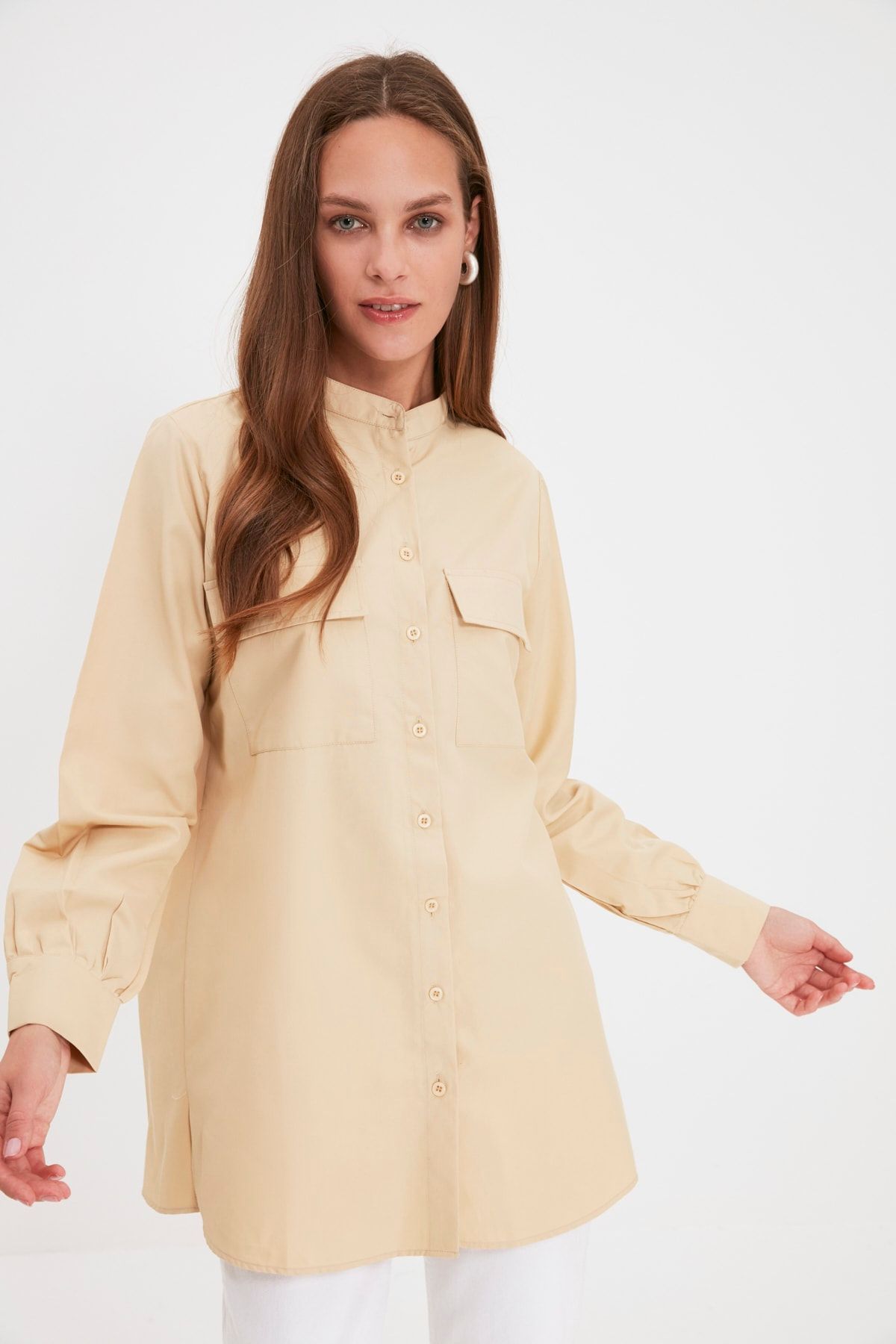 Trendyol Modest Bej Hakim Yaka Tunik TCTAW22UK0081