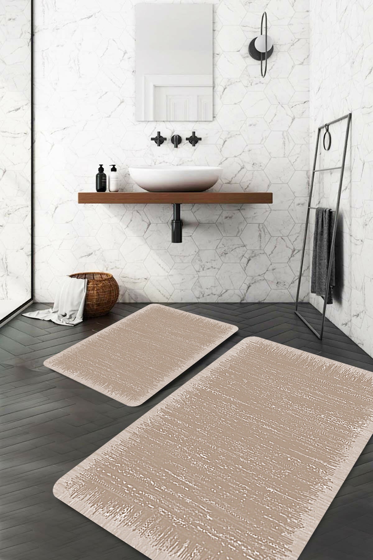 Evsebu Kenarlıklı Bej Banyo Paspası