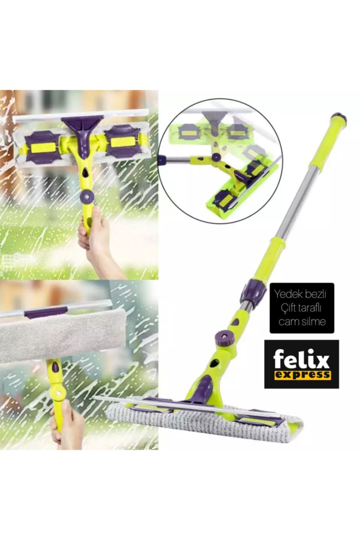 felix express Cam Temizleme Aracı Çift Taraflı Teleskopik Çubuk Pencere Temizleyici Silecek