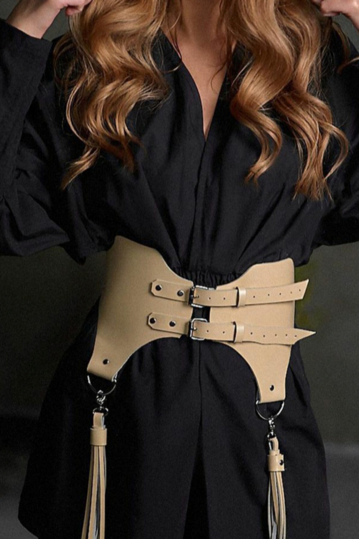 Sweet Demon Geniş Şerit Önden Ve Arkadan Bağlanan Ayarlanabilir Püsküllü Deri Kemer Aksesuar Bej