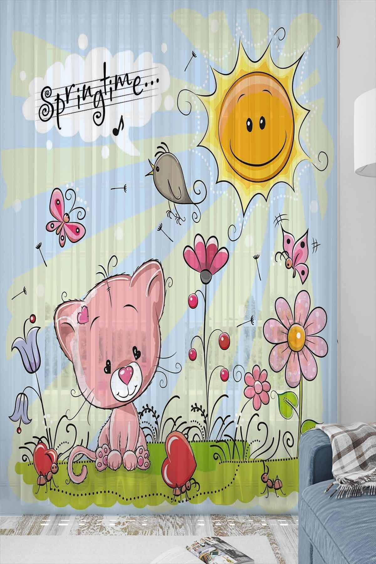 Else Halı Else Bahar Pembe Kedicikli Desenli Dekoratif Çocuk Bebek Tül Fon Perde