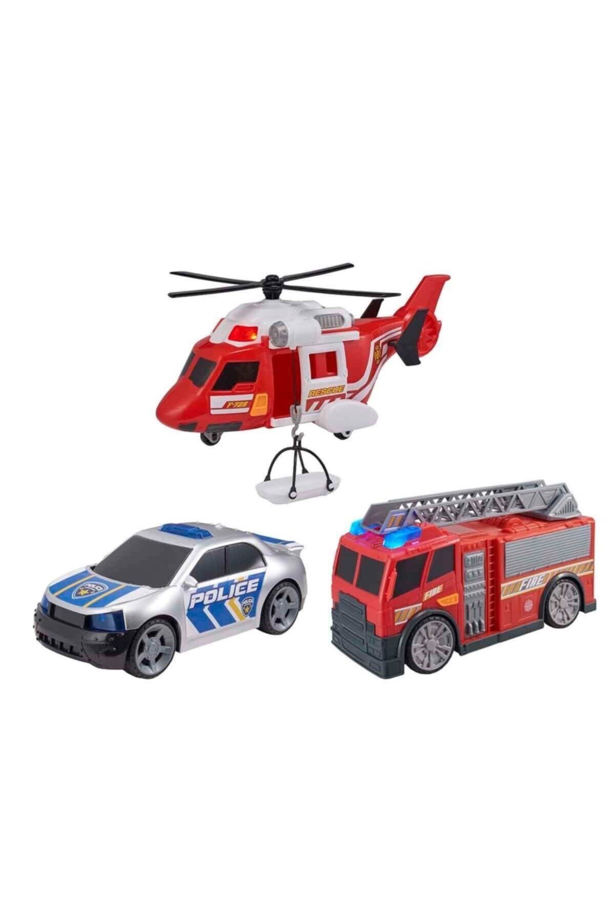 Teamsterz Kurtarma Araçları Merdivenli Ifaiye Kamyonu Sedyeli Kurtarma Helikopteri Polis Arabası 3'lü Set