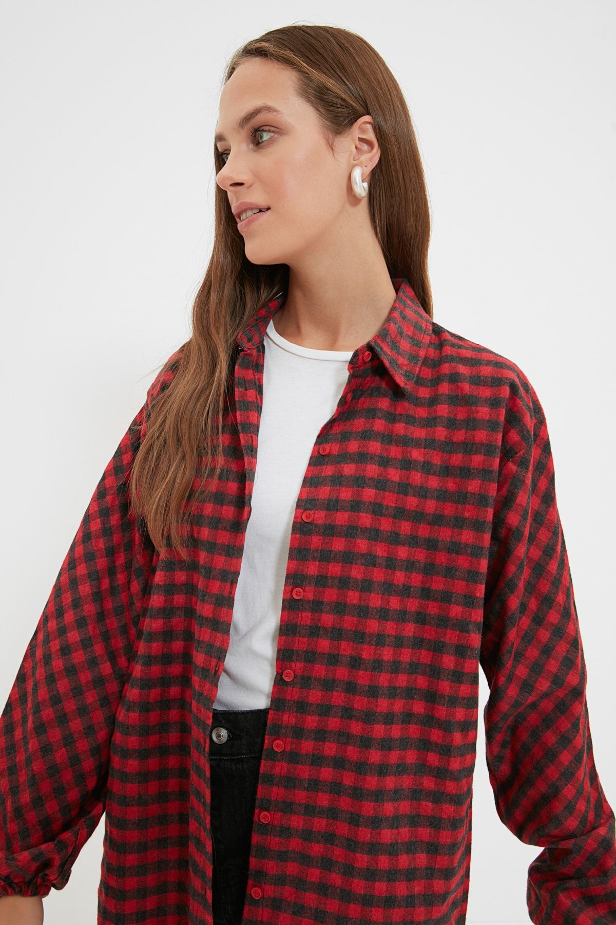 Trendyol Modest Kırmızı Gömlek Yaka Ekoseli Tunik TCTAW22UK0113