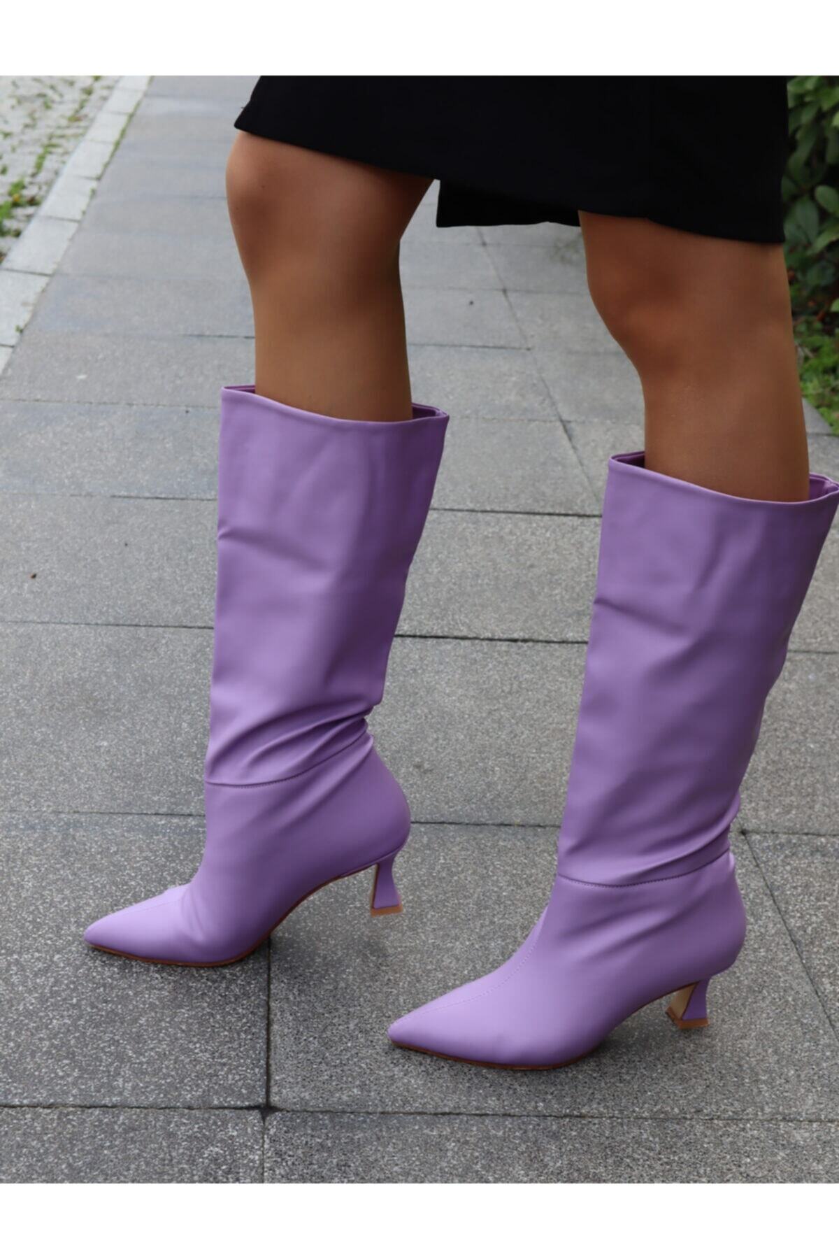 Işıltılıpabuç Lila Mat 5 Cm Topuk Çizme