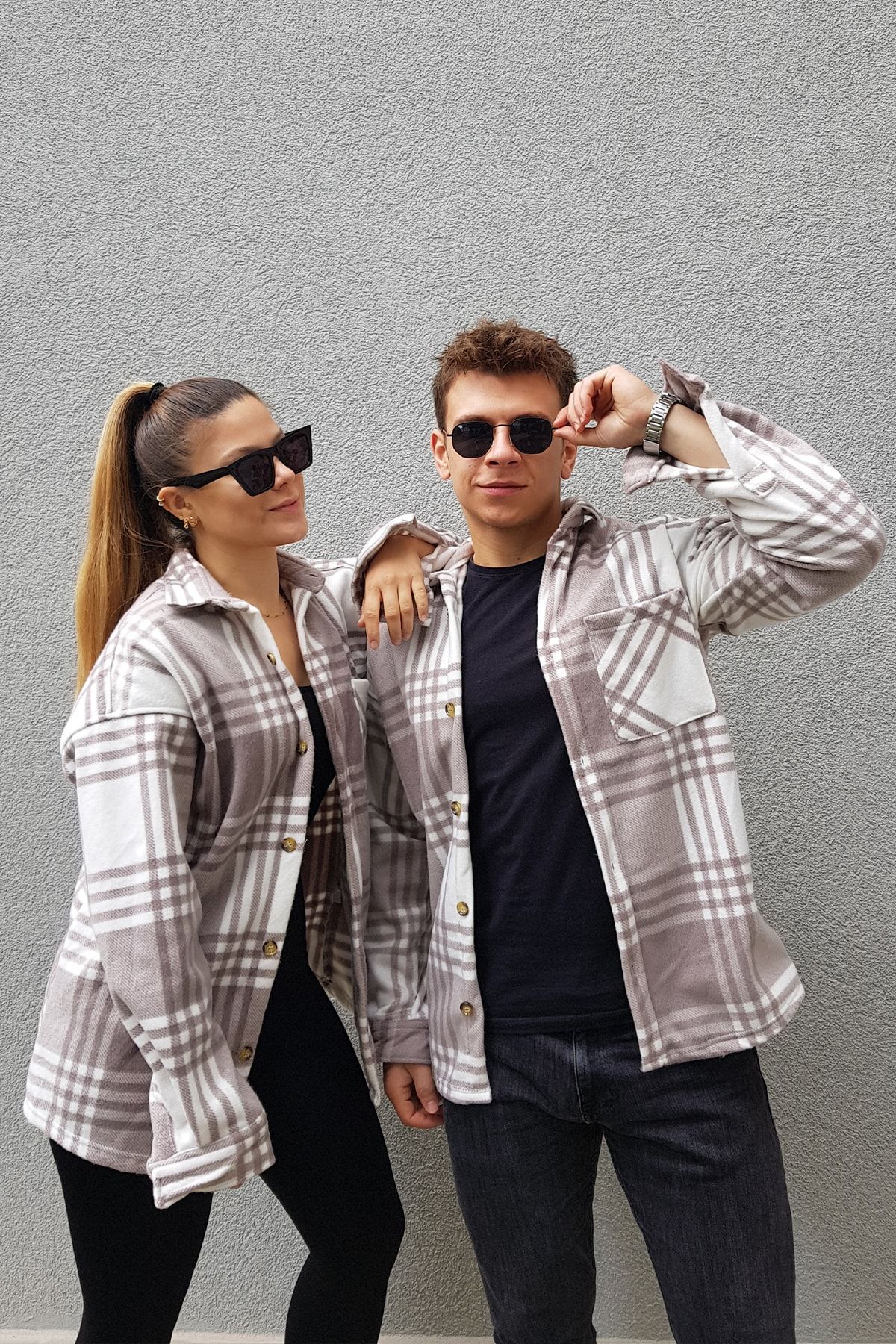 PUMP BUTİK Unisex Sütlü Kahverengi Oversize Ekoseli Tek Cepli Polar Oduncu Gömlek