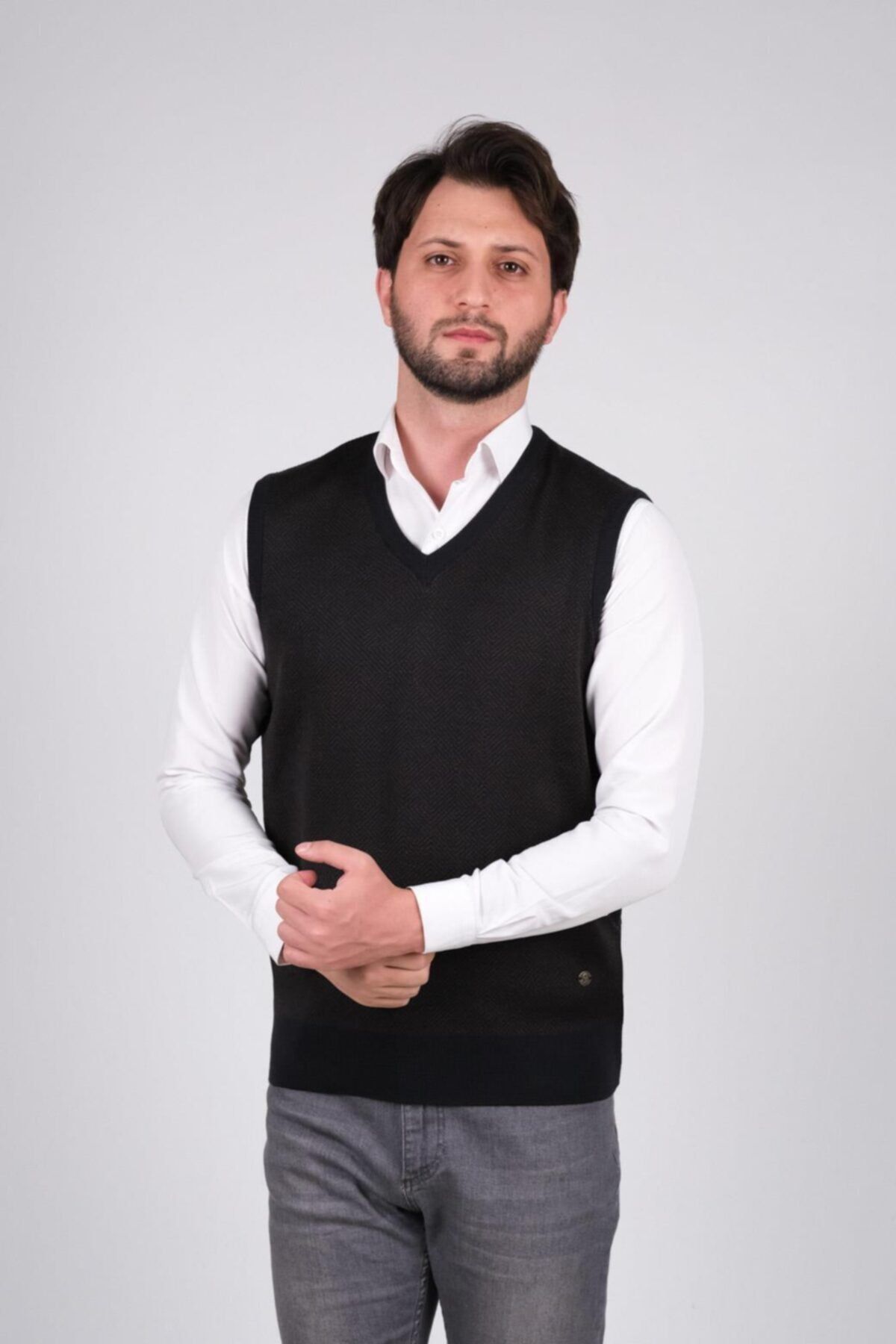 Çizgi Triko Erkek V Yaka Triko Süveter Desenli Bel Lastikli Dokuma Çelik Örgü